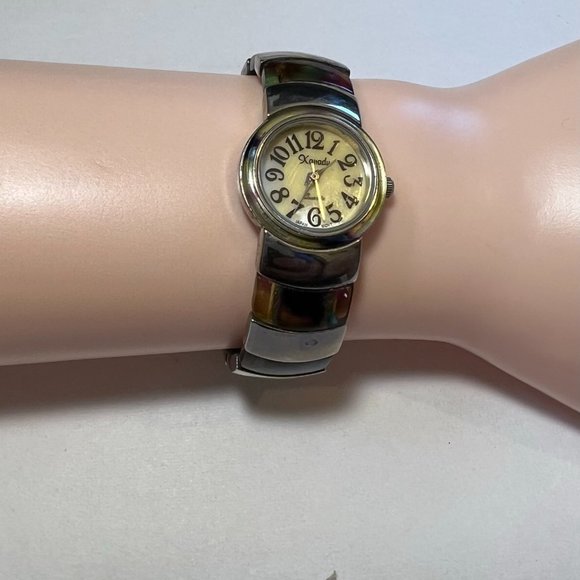 Xanadu Abalone Multicolored Shell and Goldtone Bangle Hinged Quartz Watch Japan